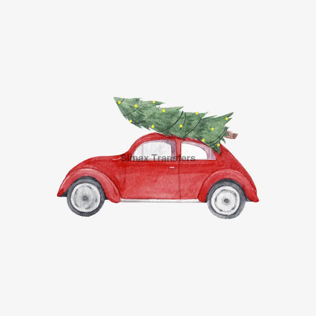 Watercolour Vintage Red Car Christmas Tree DTF Transfer